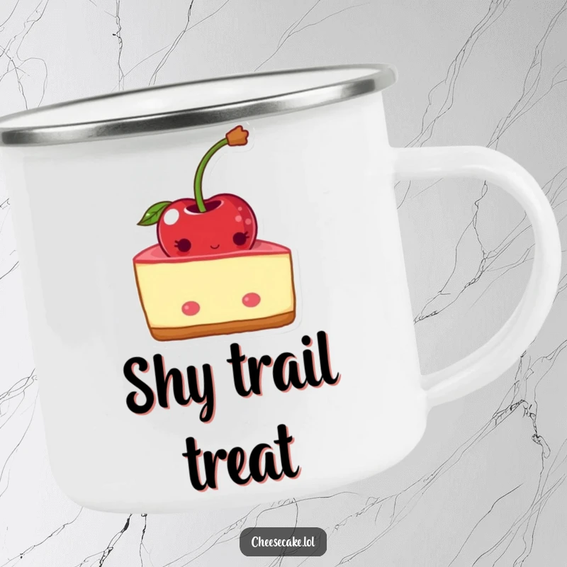 Funny shy cheesecake camping mug with a blushing wedge hiding behind a cherry. Outdoor dishware.