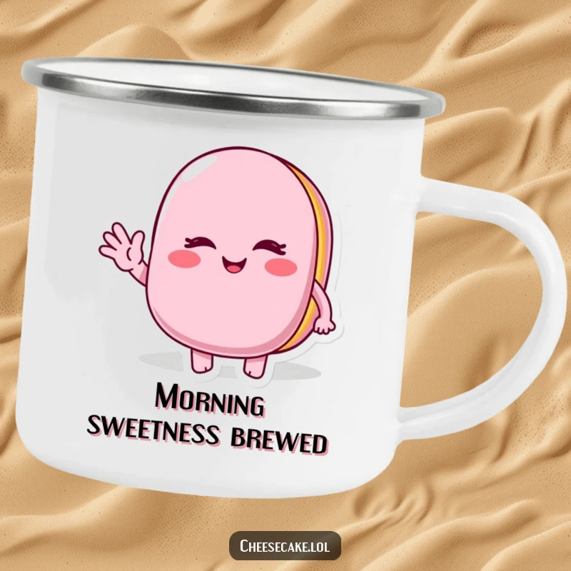 Funny Winking Macaroon Camping Mug: A sturdy mug with a winking macaroon character waving hello, perfect for sweet sips outdoors.