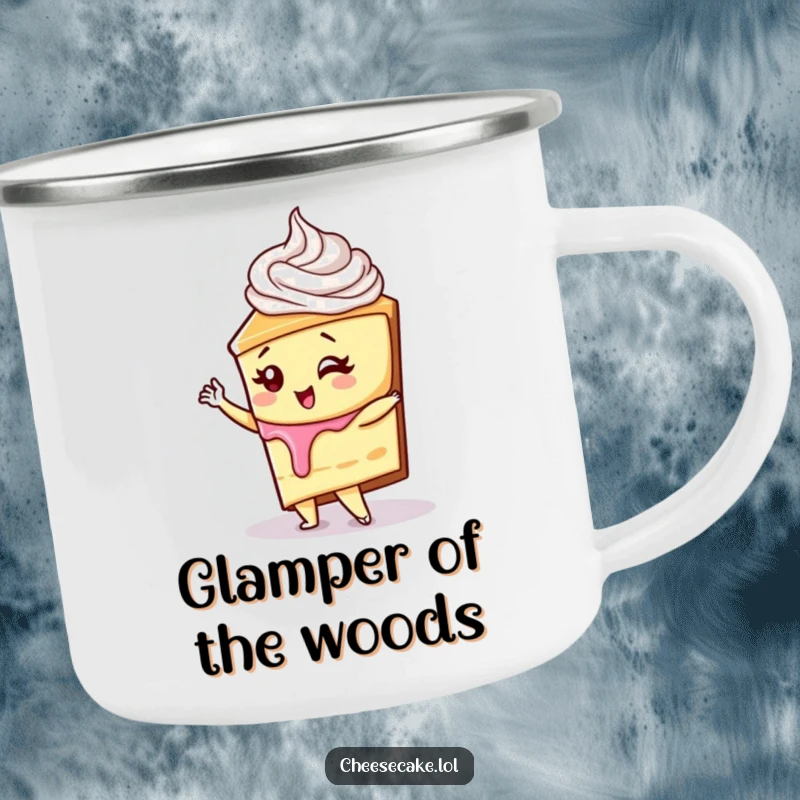 Funny cheesecake with whipped cream swirl striking a diva pose on a sturdy camping mug, a wonderful funny gift.