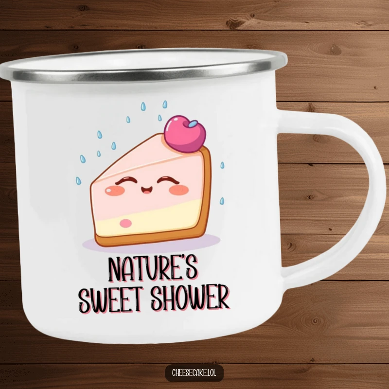 Funny Cheesecake Bliss Camping Mug featuring a cheesecake slice with eyes closed, enjoying sprinkles, ideal for serene outdoor enjoyment.