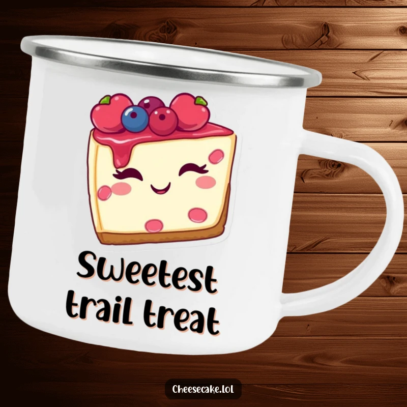 Funny camping mug featuring a winking slice of cheesecake with berries, ideal for enjoying drinks on outdoor adventures with a sweet touch.