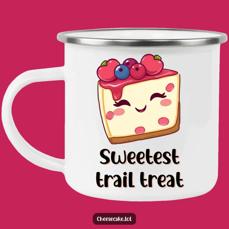 Funny Cheesecake Camping Mug, Winking Berry Dessert Cup, Hilarious Gift for Sweet Adventures