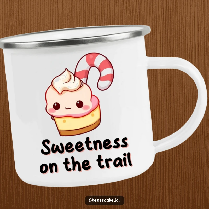 Funny Camping Mug: Cheesecake peeking from behind a giant candy cane, ready for outdoor laughs and warmth.