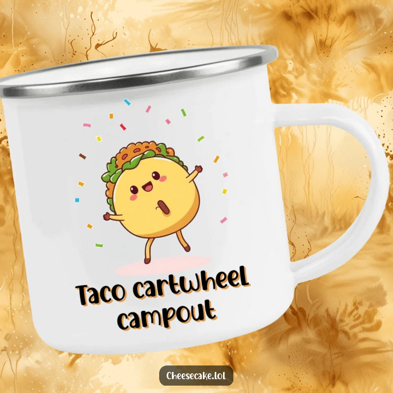 Funny Camping Mug with a cartwheeling taco and confetti, perfect for enjoying drinks outdoors with a festive taco theme.