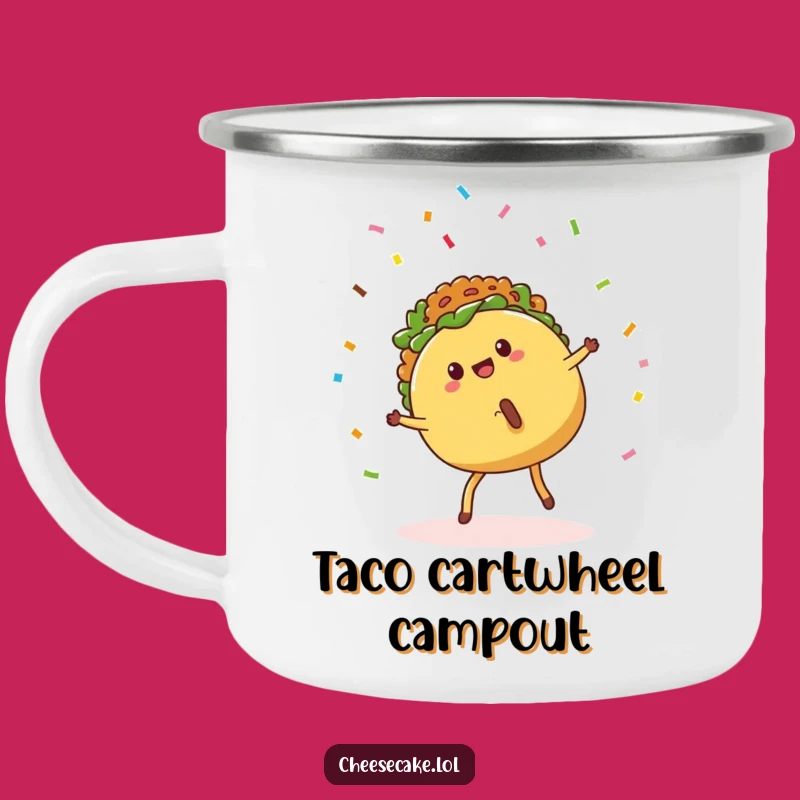 Funny Taco Cartwheel Camping Mug - Fiesta by the Campfire!