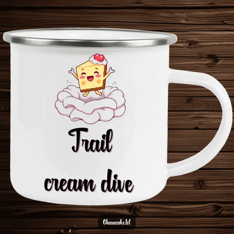 Funny camping mug with a cheesecake slice joyfully diving into a whipped cream pool, ready for adventures.