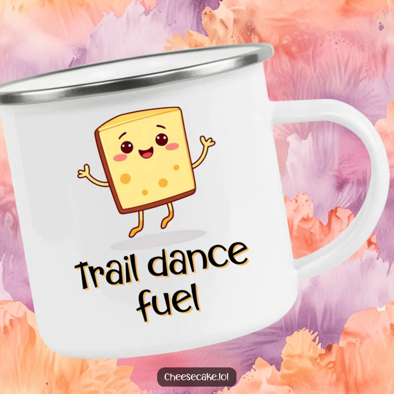 Funny cheesecake slice with tiny legs doing a jig on a sturdy camping mug, a wonderful funny gift.