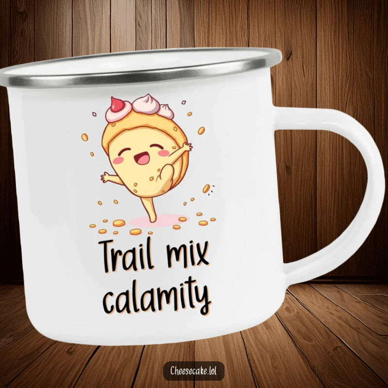 Funny cheesecake camping mug illustrating a dessert character's messy cartwheel, perfect for outdoor enthusiasts who enjoy a laugh.