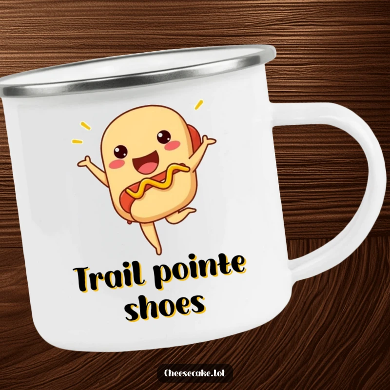 Funny hot dog camping mug featuring a proud hot dog in a ballet pose with zigzag mustard.