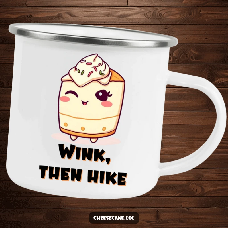 Funny Camping Mug: A cheesecake character gives a sly wink, dotted with sprinkles, perfect for rugged fun.