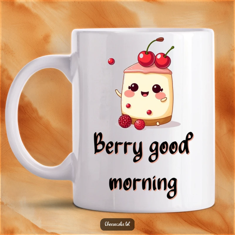 Funny cheesecake wearing a cherry tiara, juggling small berries on a mug, a delightful funny gift.
