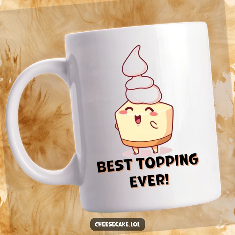 Funny cheesecake mug showing a delighted cheesecake character receiving a dollop of whipped cream, radiating pure, happy dessert bliss.