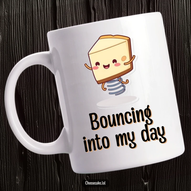 Funny mug featuring a smiling slice of cheesecake with tiny legs joyfully bouncing on a spring, full of dessert delight.