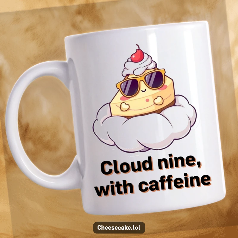 Funny mug featuring a cheesecake in sunglasses relaxing on a whipped cream cloud, embodying ultimate chill and relaxation.