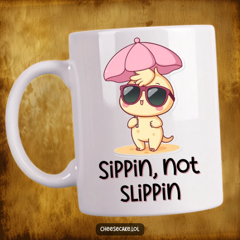 Funny cheesecake mug showing a cheesecake character in sunglasses under a tiny beach umbrella, embodying ultimate relaxation and summer fun.