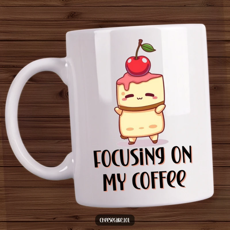 Funny mug showing a cheesecake character intensely concentrating on balancing a single bright red cherry on its head.