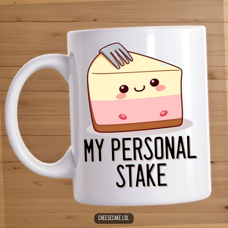 Funny cheesecake slice mug with a fork stuck in its side, looking delighted and ready for a humorous meal.