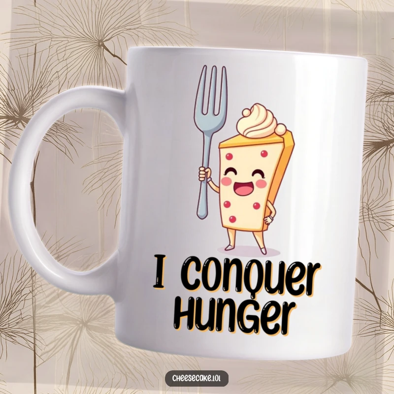 Funny Mug: A cheesecake stands heroically, supporting a massive fork, a humorous ode to dessert.