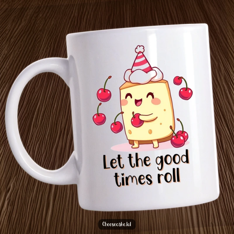 Funny cheesecake party mug featuring a whole cheesecake in a party hat, juggling tiny cherries with glee.