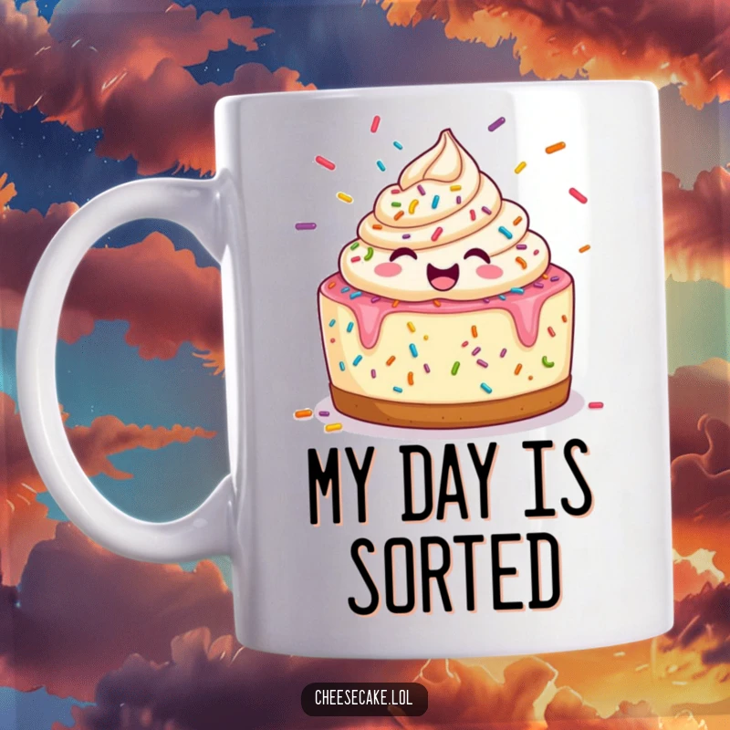 Funny Mug: A cheerful cheesecake happily juggles a cascade of colorful sprinkles, radiating pure joy.