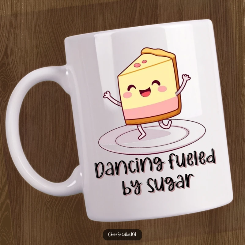 Funny mug with a grinning cheesecake slice on legs happily dancing on a plate, celebrating dessert and joy.