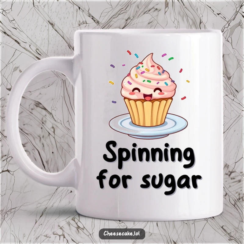 Funny Excited Cupcake Mug: A cupcake with sprinkles spinning excitedly on a plate, embodying sweet joy.