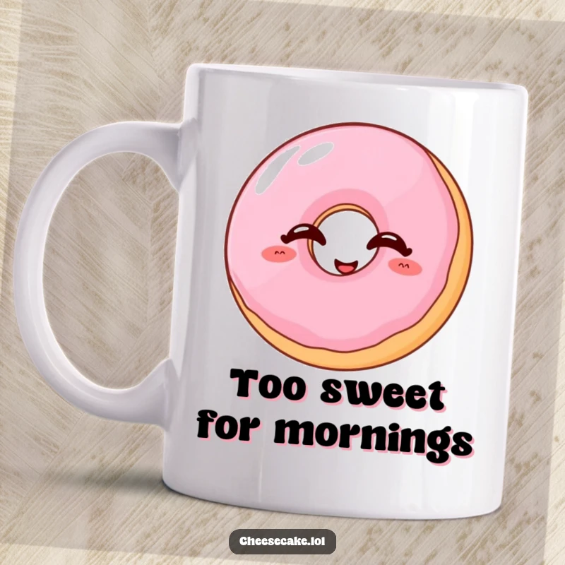 Funny donut mug featuring a wobbly jelly donut with eyes closed, depicted giggling uncontrollably with pure delight.