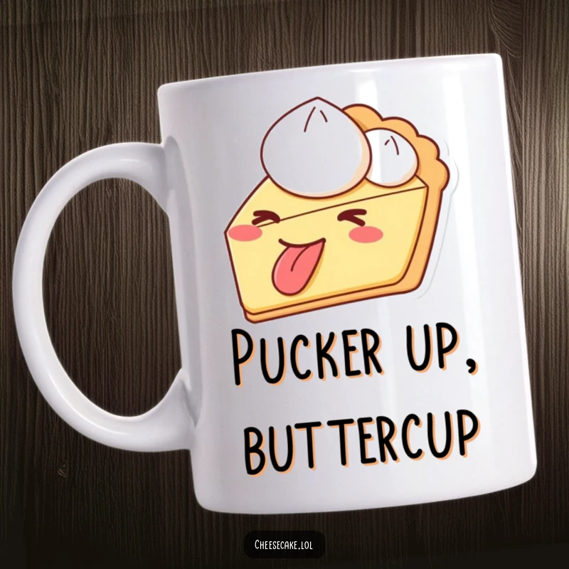 Funny pie mug with a slice winking and sticking its tongue out playfully, adding a cheeky touch to drinks.