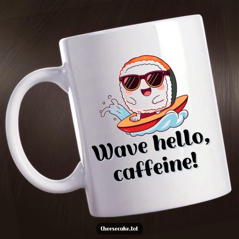 Funny sushi mug with a happy piece of sushi wearing tiny sunglasses riding a wave, exuding pure joy.