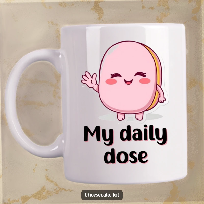 Funny Macaroon Character Mug: A cute, winking macaroon happily waving, bringing a burst of sweet cheer to your kitchen.