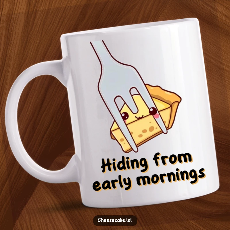 Funny shy pie slice peeking out from behind a large fork, a timid and cute character on this charming mug.