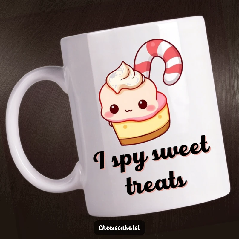 Funny Mug: Cheesecake peeking playfully from behind a giant candy cane, a sweet and humorous holiday surprise.