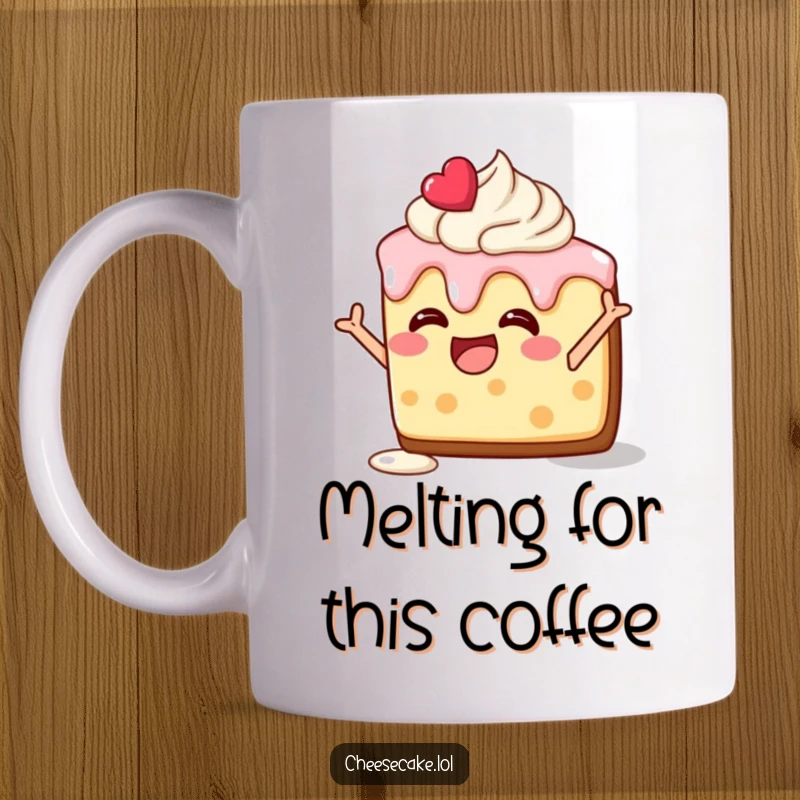 Funny mug with a delighted cheesecake slice, frosting melting, striking a silly and humorous pose.