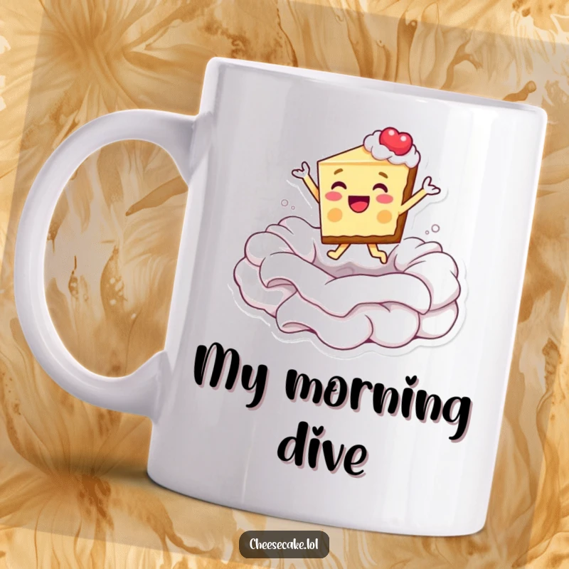 Funny mug depicting a cheesecake slice joyfully leaping into a fluffy pool of whipped cream.
