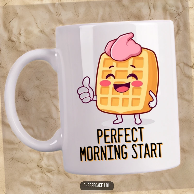 Funny Grinning Waffle Mug: A happy waffle character grinning and giving a big thumbs up, bringing breakfast cheer.