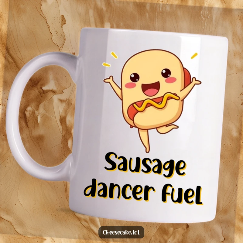 Funny hot dog mug featuring a proud hot dog in a ballet pose with zigzag mustard.