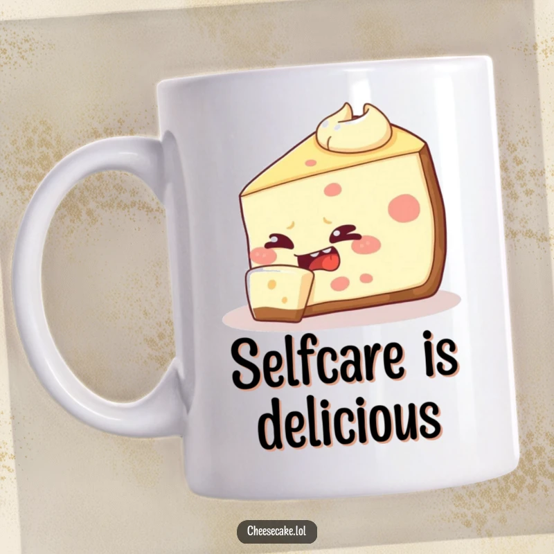 Funny cheesecake slice mug illustration, mischievously taking a bite out of its own edge, showcasing its absurd and humorous nature.