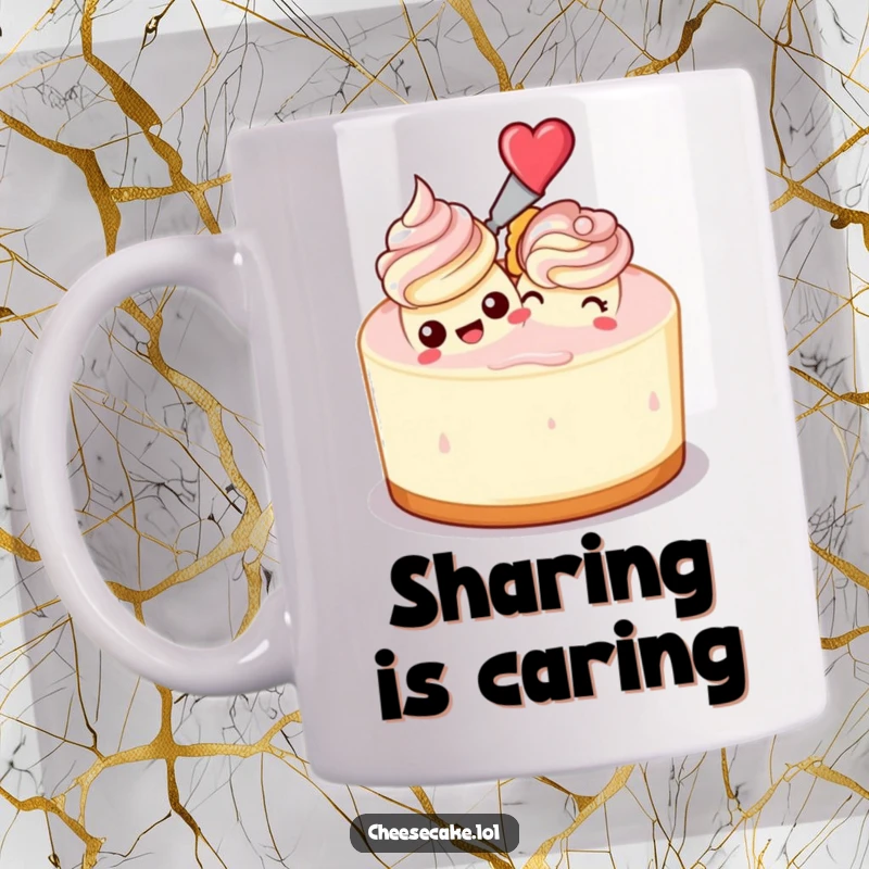Funny mug showing a cheesecake enthusiastically frosting an identical cheesecake, depicting a humorous and delightful act of dessert creation.