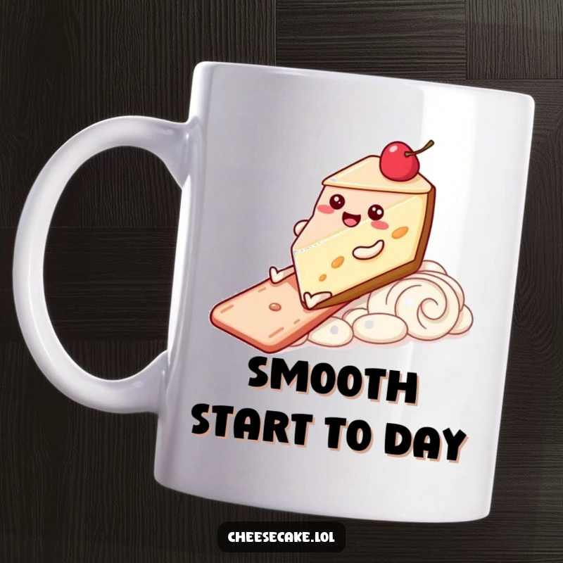 Funny Mug featuring a happy slice of cheesecake with legs joyfully sliding down a swirl of frosting. Pure dessert delight!