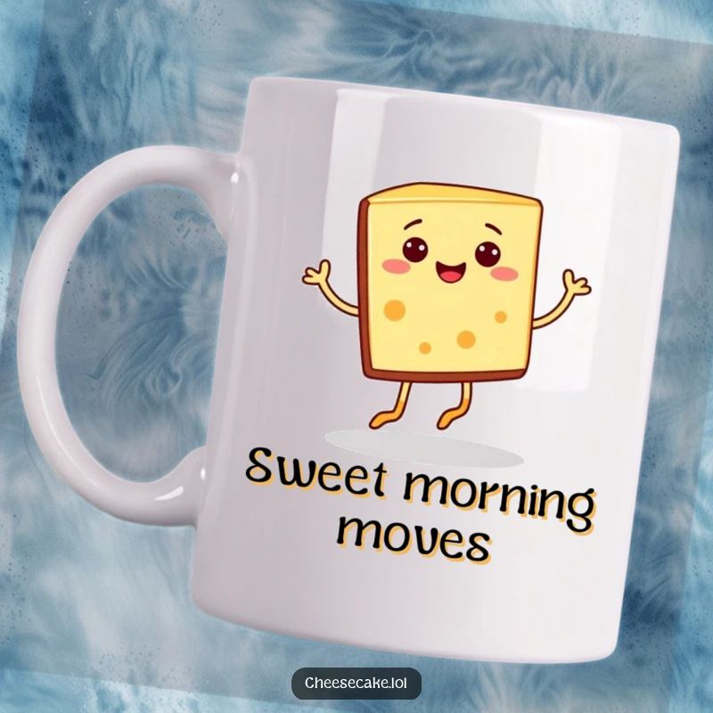 Funny smiling cheesecake slice with tiny legs doing a cheerful jig on a mug, a delightful funny gift for dessert lovers.