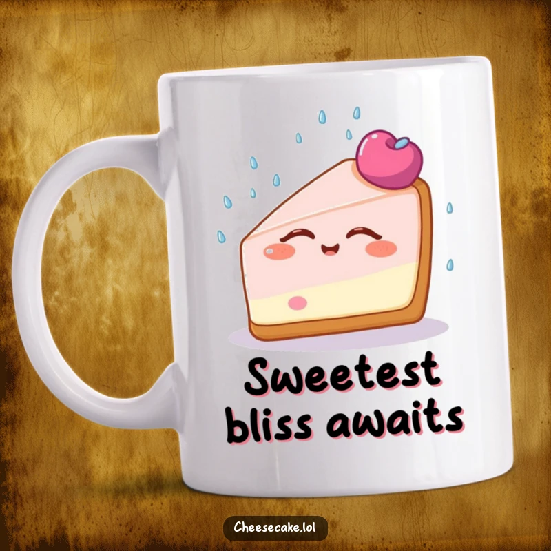Funny Cheesecake Bliss Mug featuring a happy cheesecake slice with eyes closed, blissfully enjoying a shower of colorful sprinkles, representing pure joy.