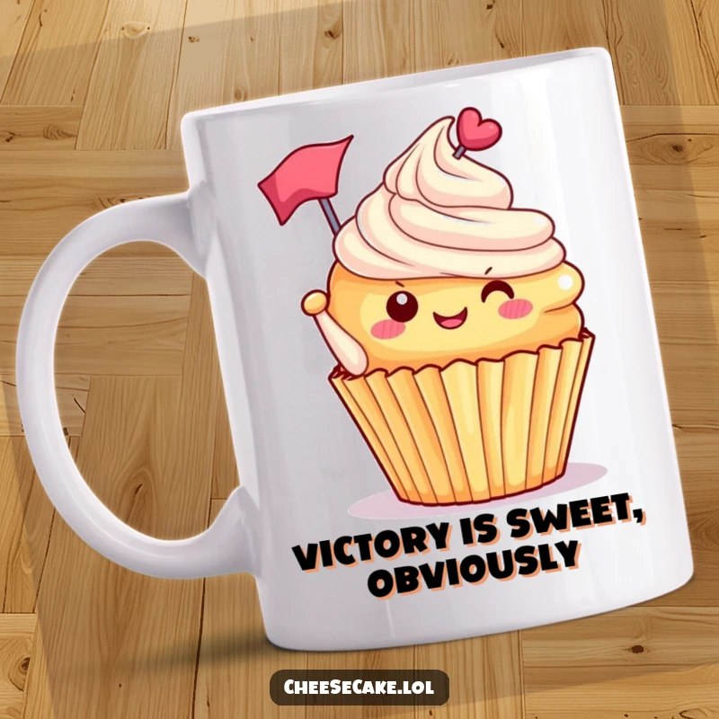 Funny delighted cupcake with frosting tipped, waving a tiny flag, celebrating with a cheerful and sweet pose on this humorous mug.