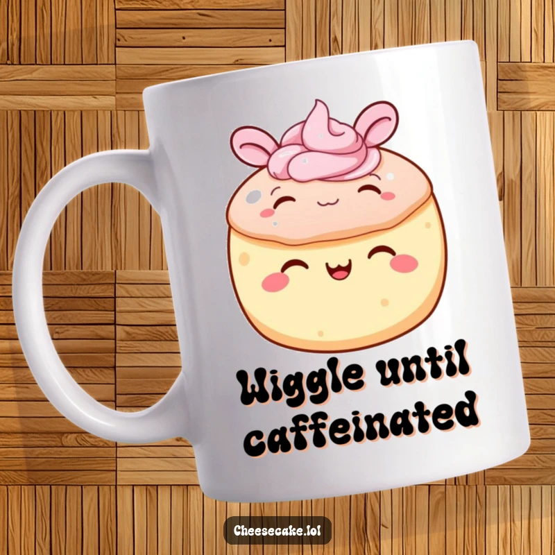 Funny cake mug featuring a round cake with frosting wiggling its ears joyfully, radiating happiness and playful humor.