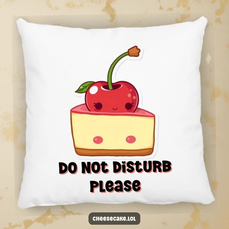 Funny shy cheesecake pillow featuring a blushing wedge peeking behind a cherry. Soft and decorative.