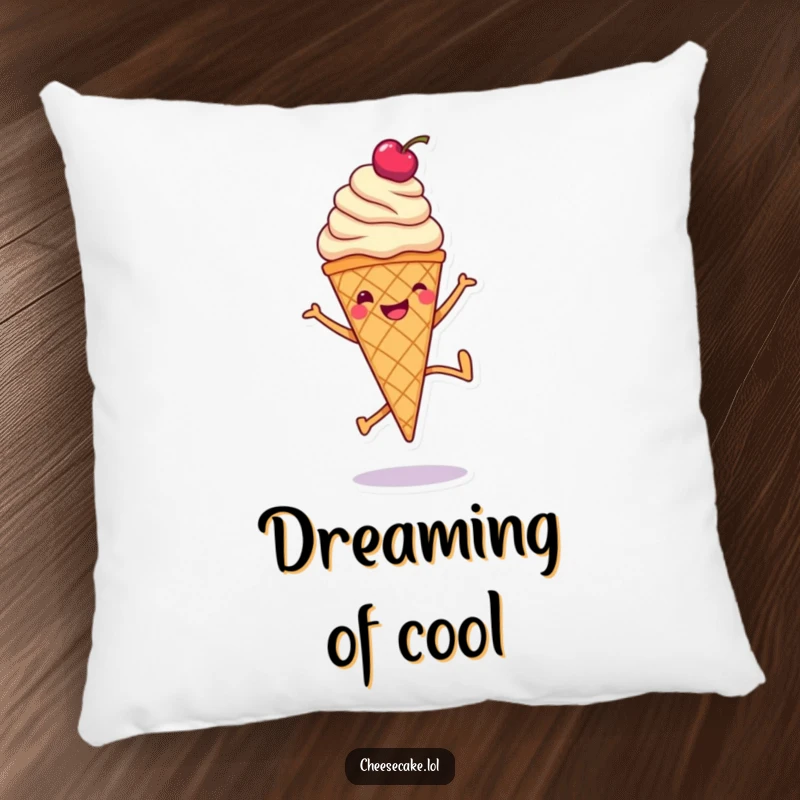 Funny pillow with a smiling ice cream cone doing a cartwheel, perfect for adding sweet comfort and humor.