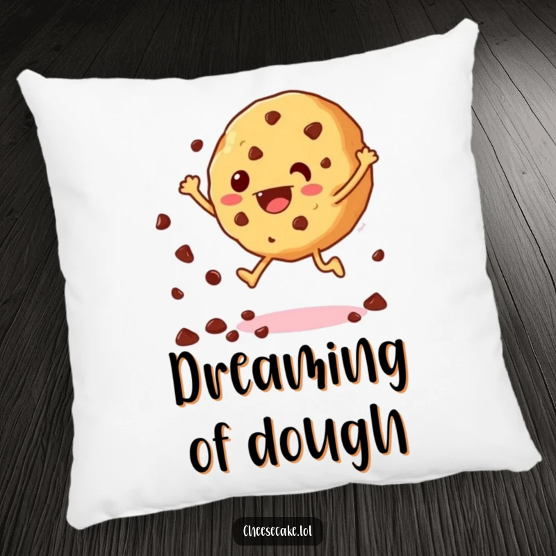 Funny decorative pillow featuring a jumping cookie with scattering chocolate chips, providing comfort with a sweet and humorous theme.