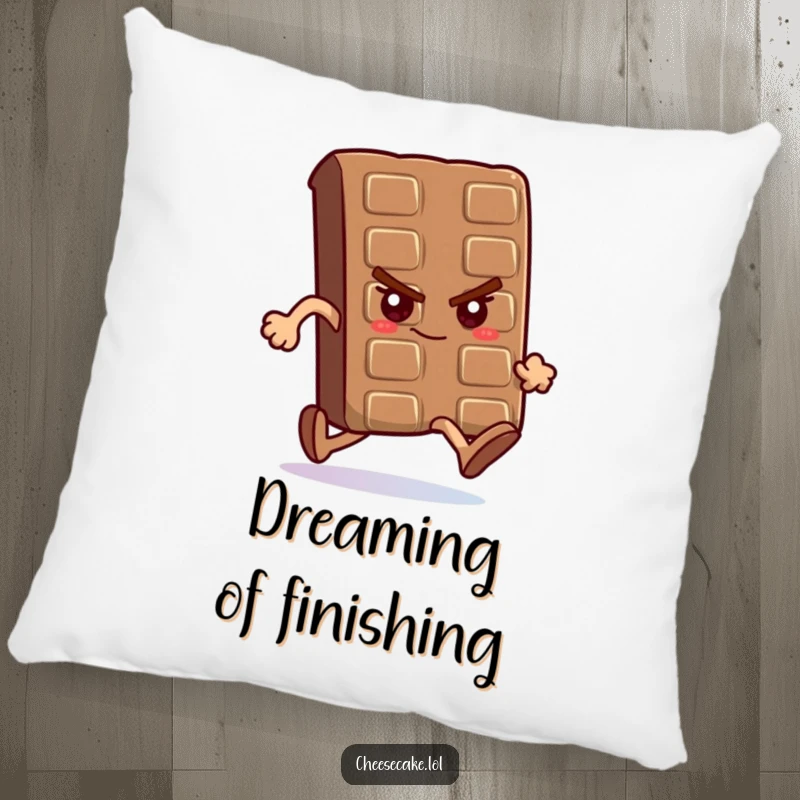 Funny pillow with a determined chocolate bar running a race, offering comfort and a motivational message.