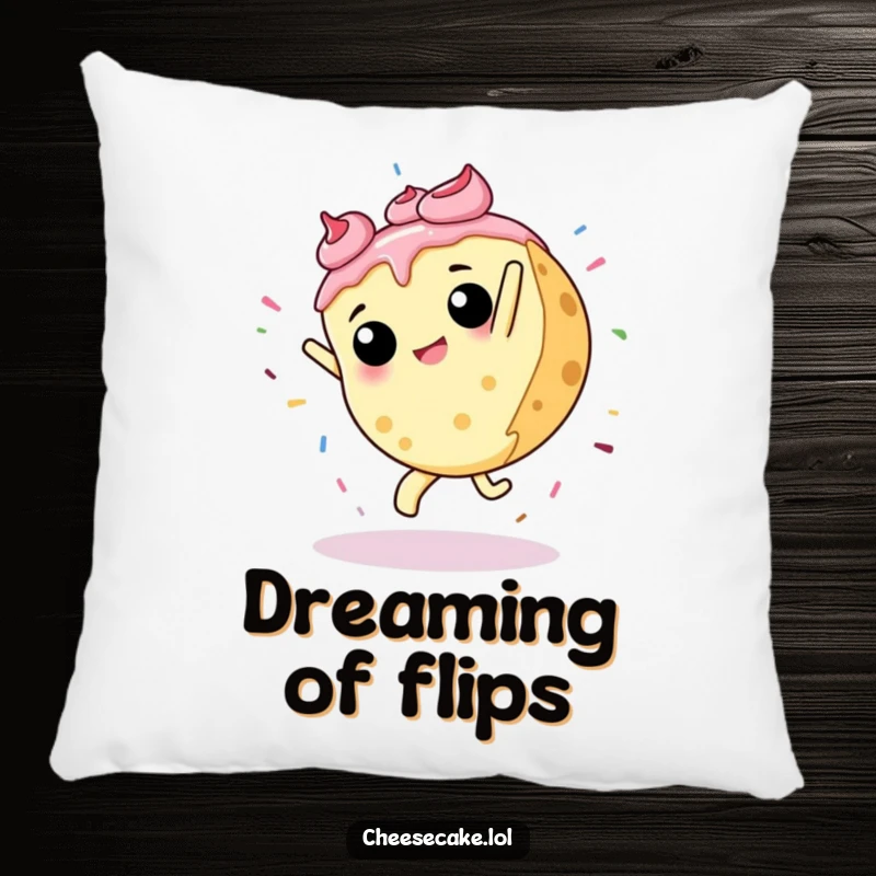 Funny decorative pillow showing a cheesecake mid-cartwheel, with sprinkles flying everywhere, bringing playful energy and humor.