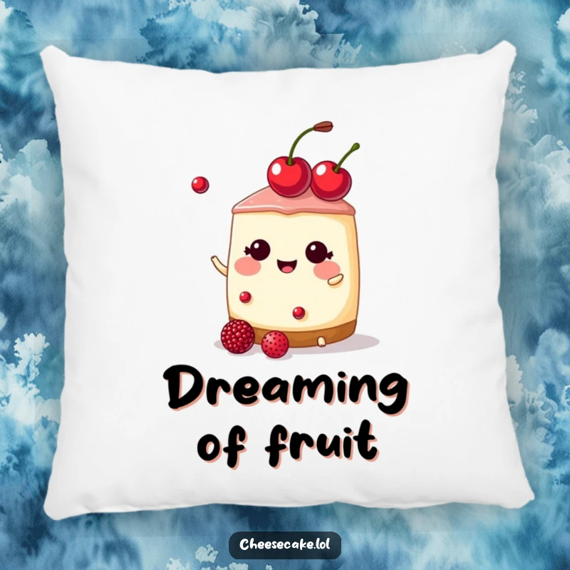 Funny cheesecake with a cherry tiara, juggling berries on a plush pillow, a delightful funny gift.