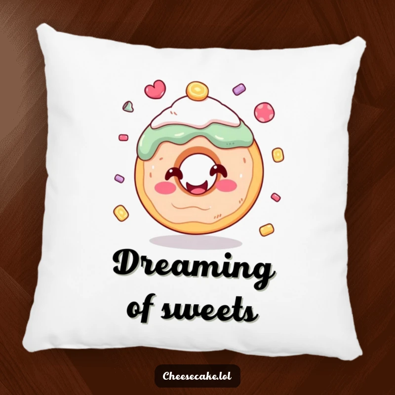 Funny donut pillow with a smiling donut juggling candies, providing cozy comfort and humorous decor for any room.